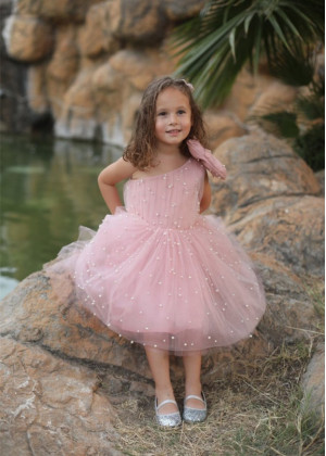 One Shoulder Blush Tulle Pearls Flower Girl Dress